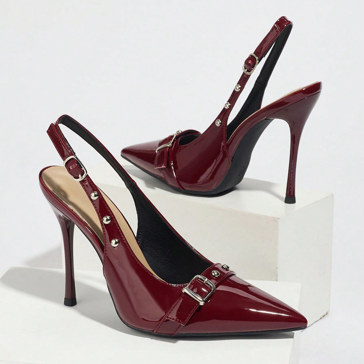 Pointed-Toe  Synthetic Leather Buckle Rivet Stiletto Heels - Free Shipping