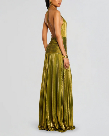 Stunning Metallic Pleated Halter Neck Open Back Side Slit A-Line Maxi Dress - Free Shipping