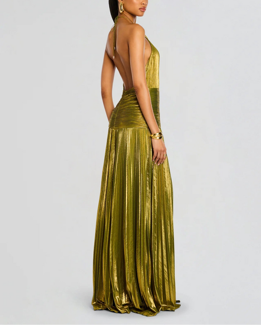 Stunning Metallic Pleated Halter Neck Open Back Side Slit A-Line Maxi Dress - Free Shipping
