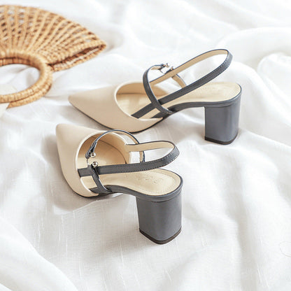 Pointed-Toe Open-Heel T-Strap Buckle Chunky High Heels - Free Shipping