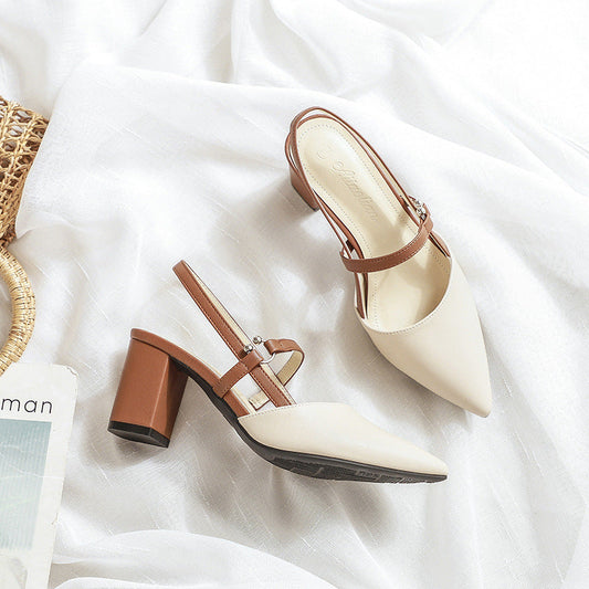Pointed-Toe Open-Heel T-Strap Buckle Chunky High Heels - Free Shipping