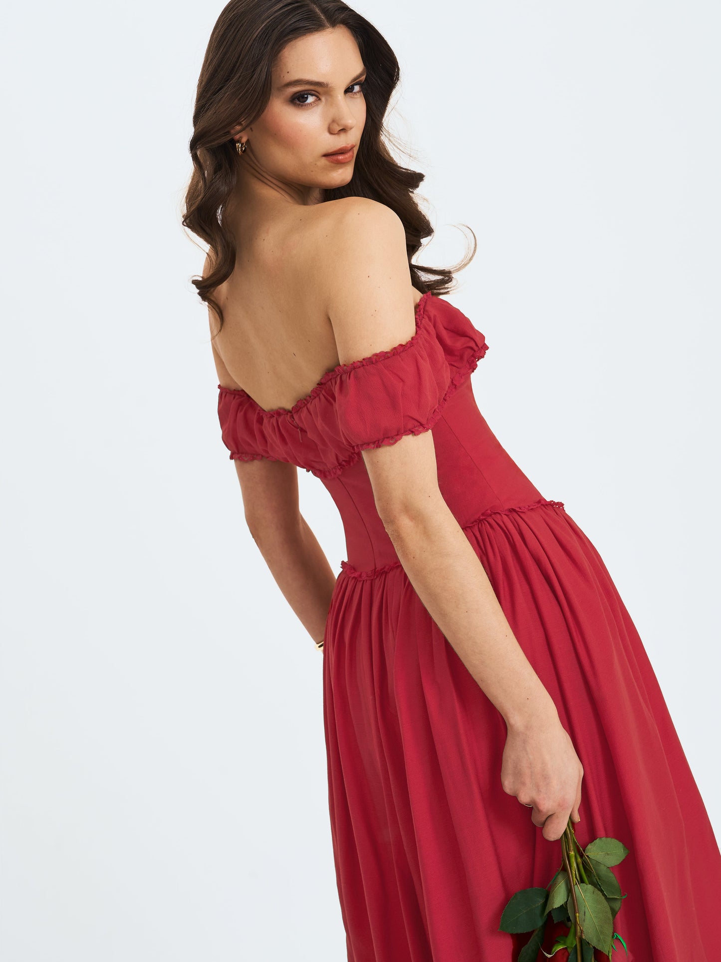 Miss Circle Elegant Xavy Crimson Off-Shoulder Corset Midi Dress - Free Shipping
