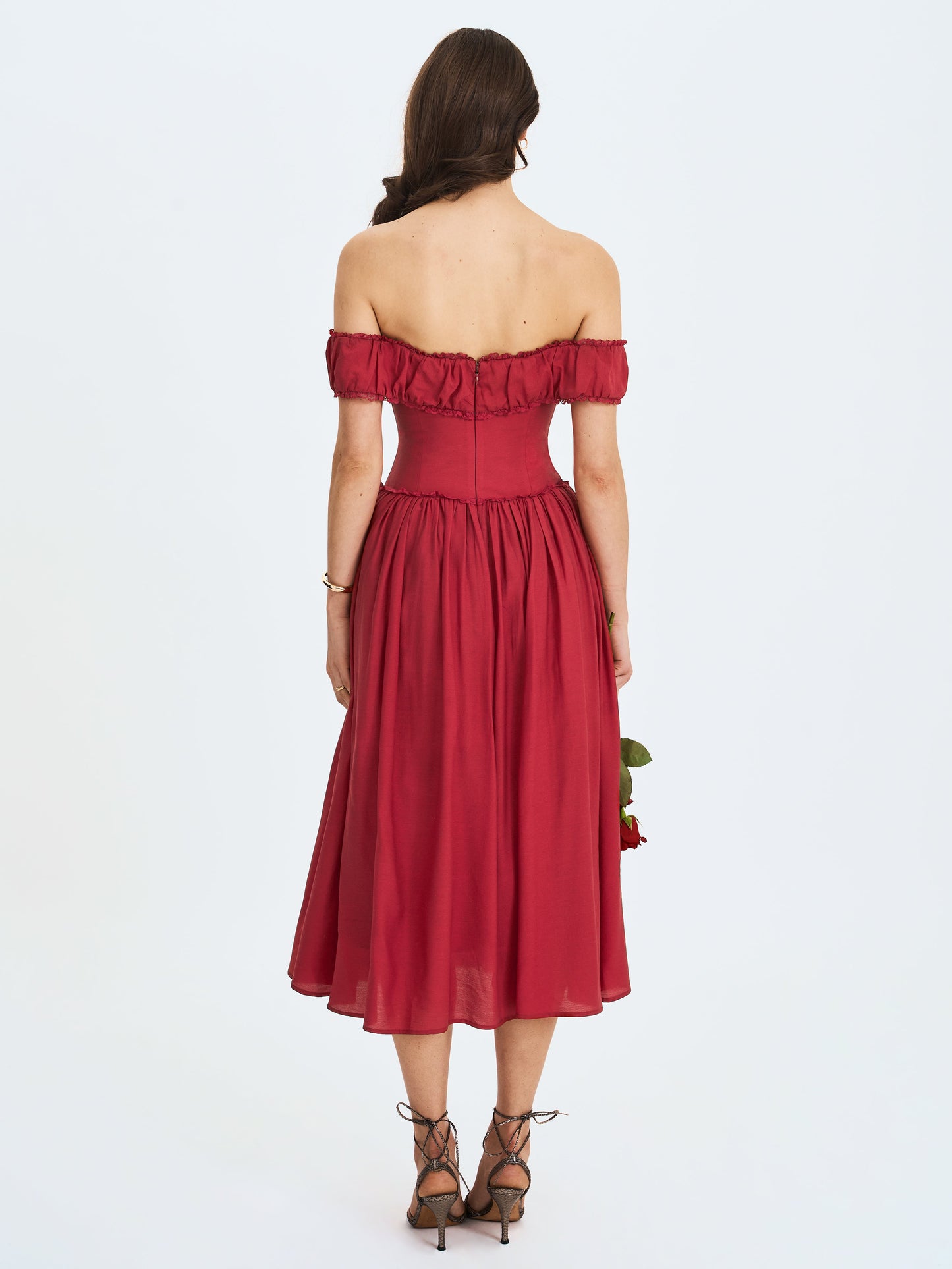 Miss Circle Elegant Xavy Crimson Off-Shoulder Corset Midi Dress - Free Shipping