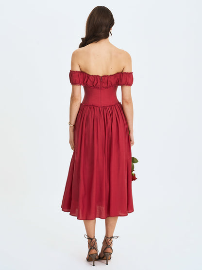 Miss Circle Elegant Xavy Crimson Off-Shoulder Corset Midi Dress - Free Shipping