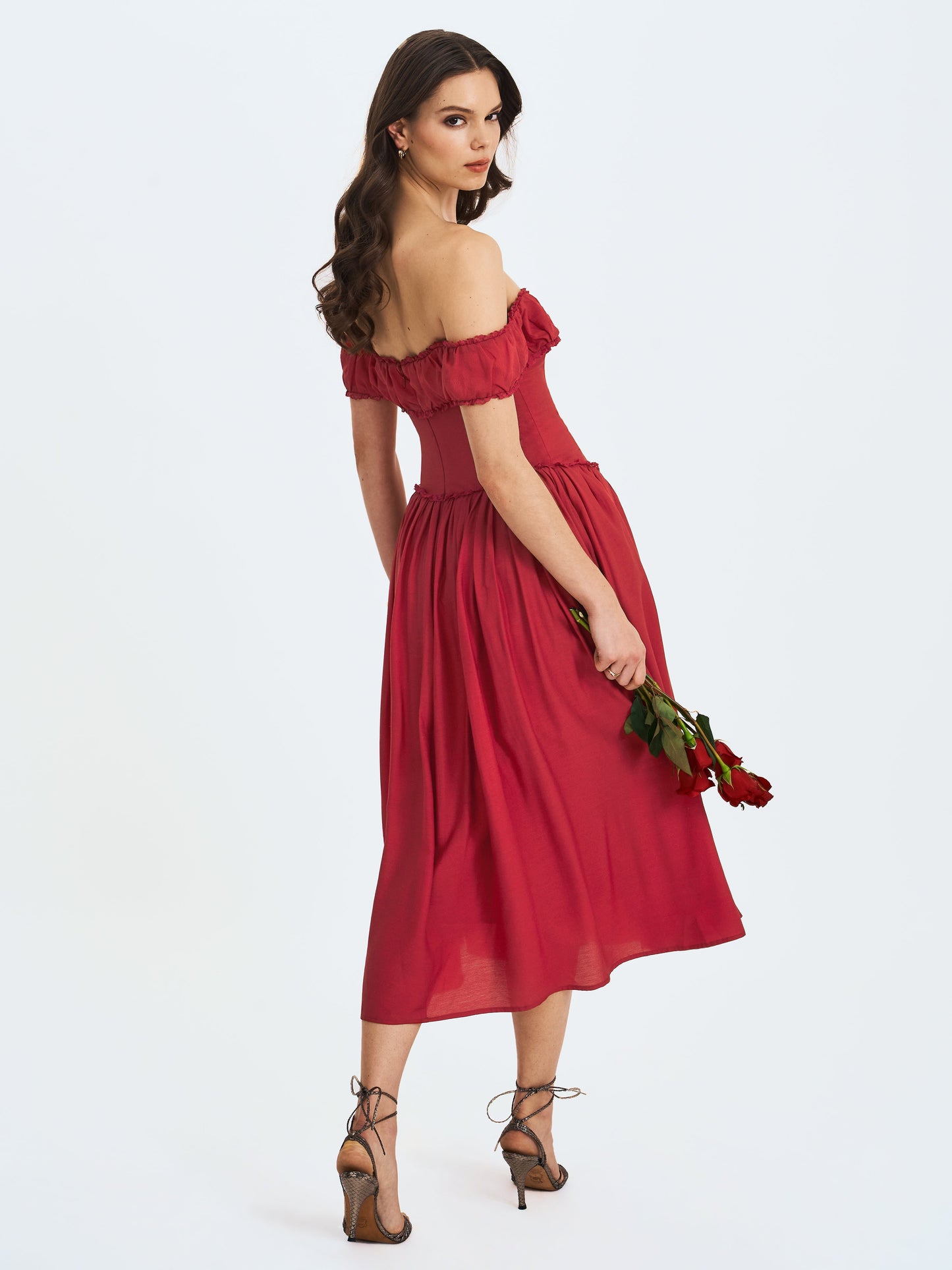 Miss Circle Elegant Xavy Crimson Off-Shoulder Corset Midi Dress - Free Shipping