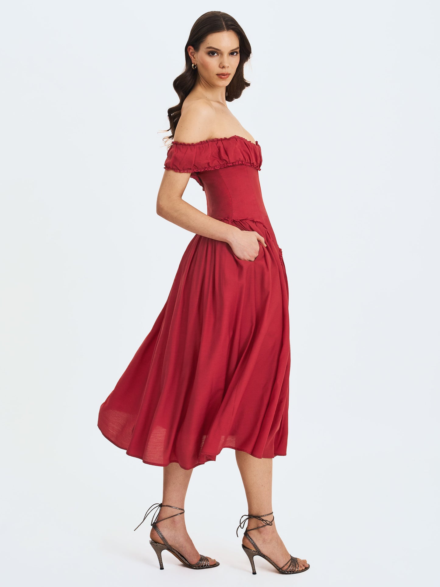 Miss Circle Elegant Xavy Crimson Off-Shoulder Corset Midi Dress - Free Shipping