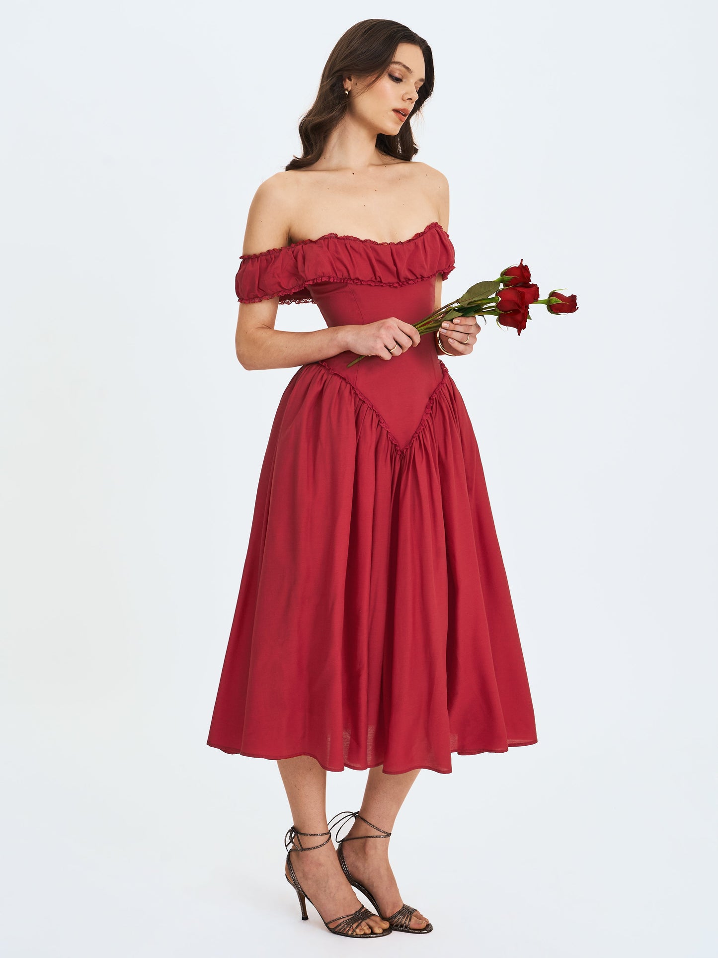 Miss Circle Elegant Xavy Crimson Off-Shoulder Corset Midi Dress - Free Shipping
