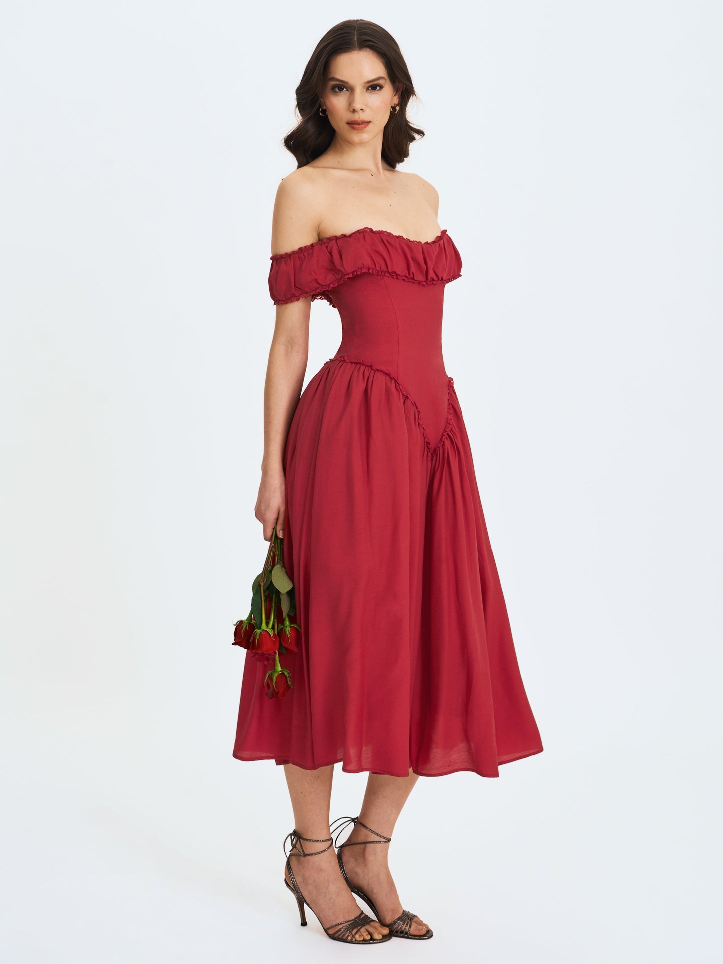 Miss Circle Elegant Xavy Crimson Off-Shoulder Corset Midi Dress - Free Shipping