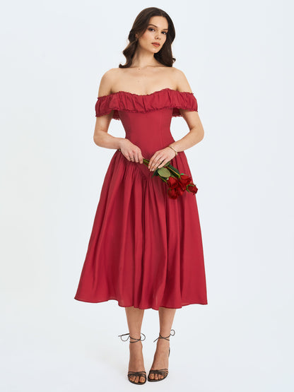 Miss Circle Elegant Xavy Crimson Off-Shoulder Corset Midi Dress - Free Shipping