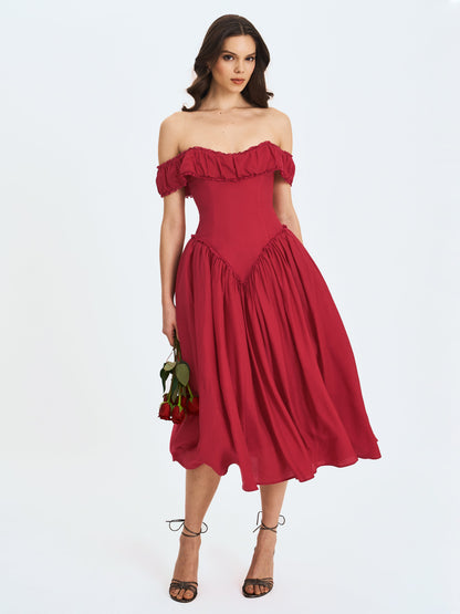 Miss Circle Elegant Xavy Crimson Off-Shoulder Corset Midi Dress - Free Shipping