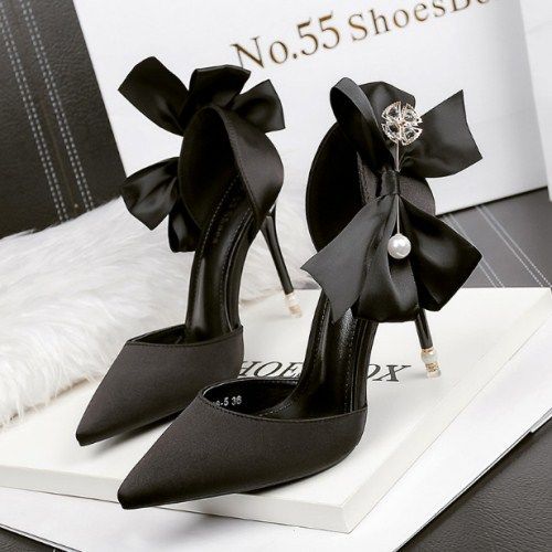Pointed Toe Bow Slip-On Stiletto Heels - Free Shipping