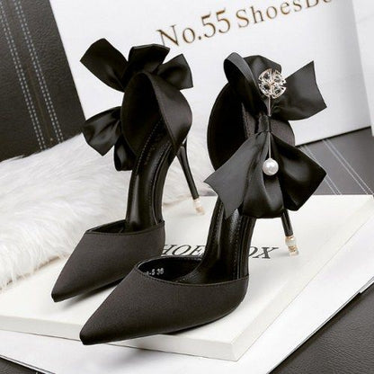 Pointed Toe Bow Slip-On Stiletto Heels - Free Shipping