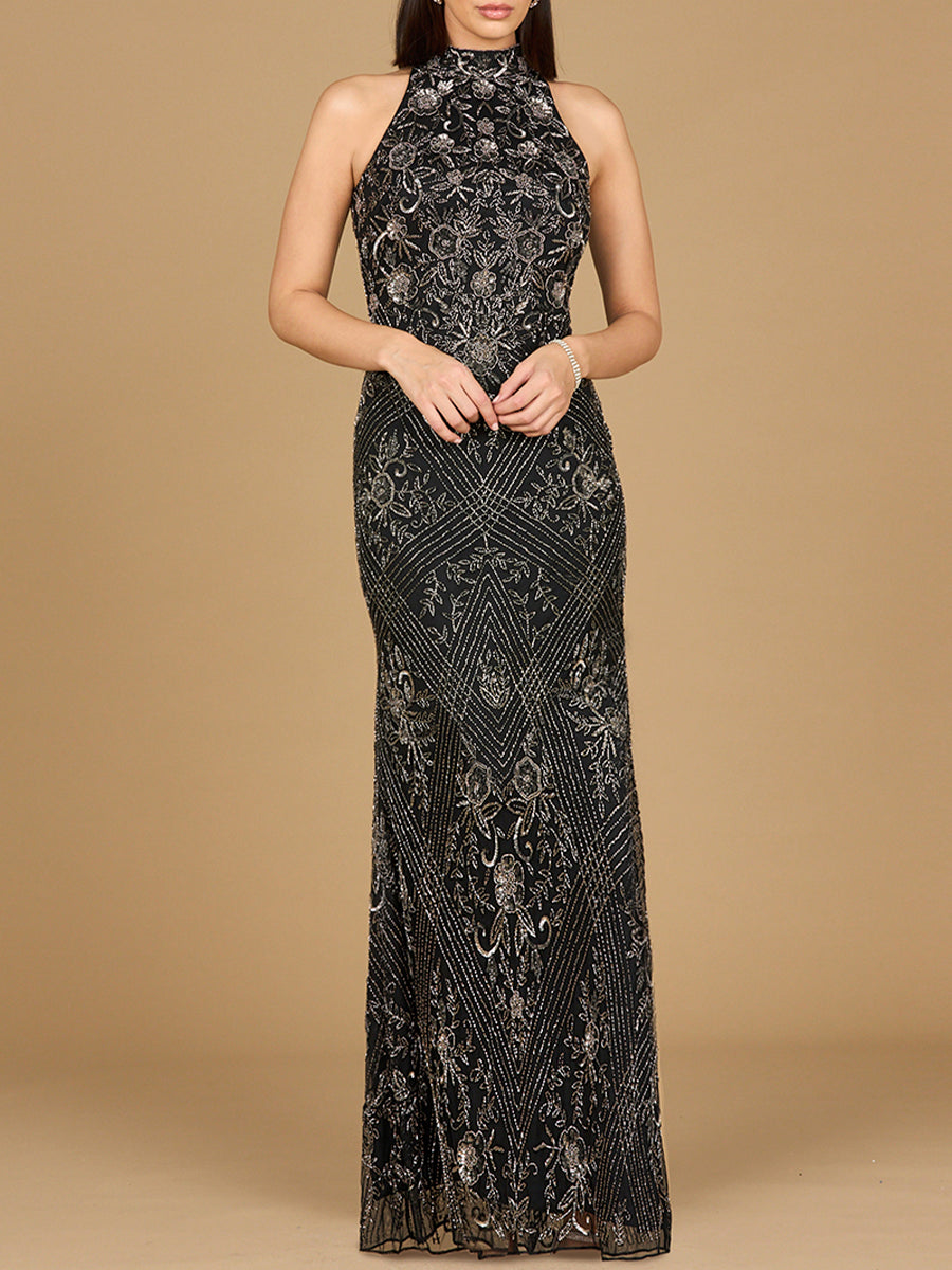 Elegant Halter Neck Open Back Beaded Dress Sizes  0-16 - Free Shipping