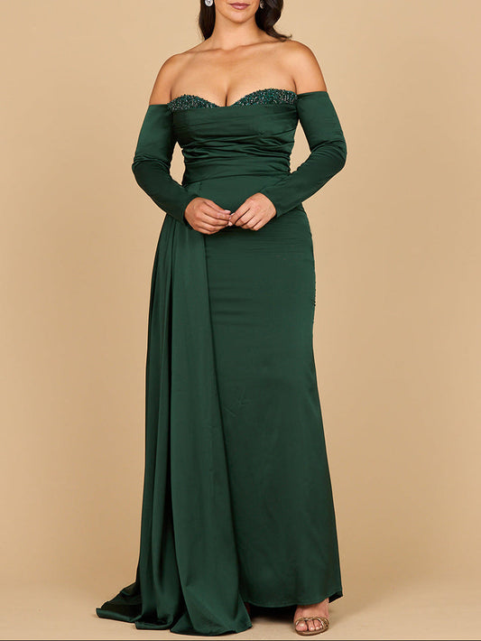 Stunning Off Shoulder Satin Dress with Beaded - Free Shipping