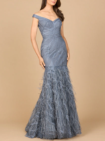 Elegant Off Shoulder Mermaid Beaded Gown with Feathers - Free Shipping