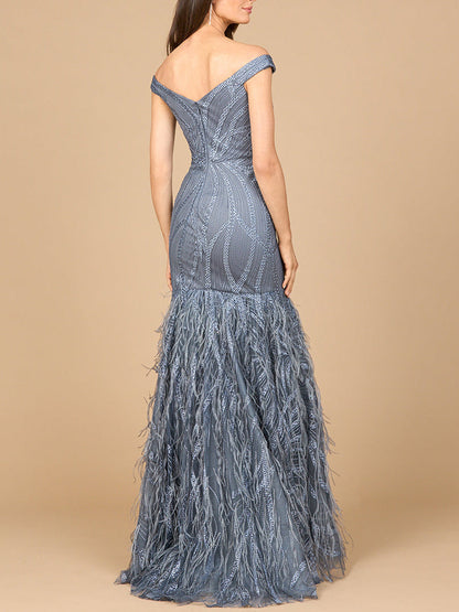 Elegant Off Shoulder Mermaid Beaded Gown with Feathers - Free Shipping