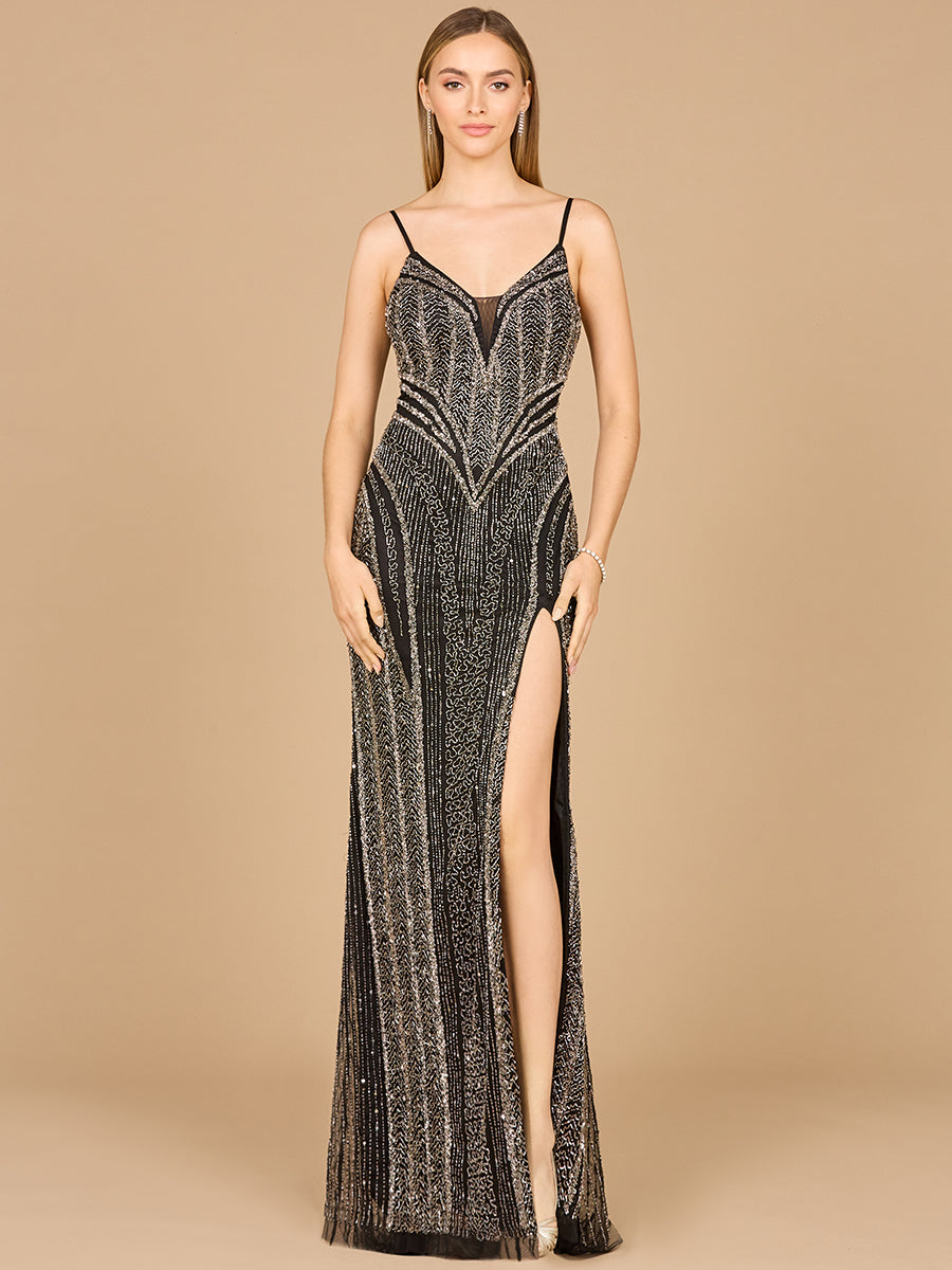 Spaghetti Strap Beaded Gown with Slit - Free Shipping