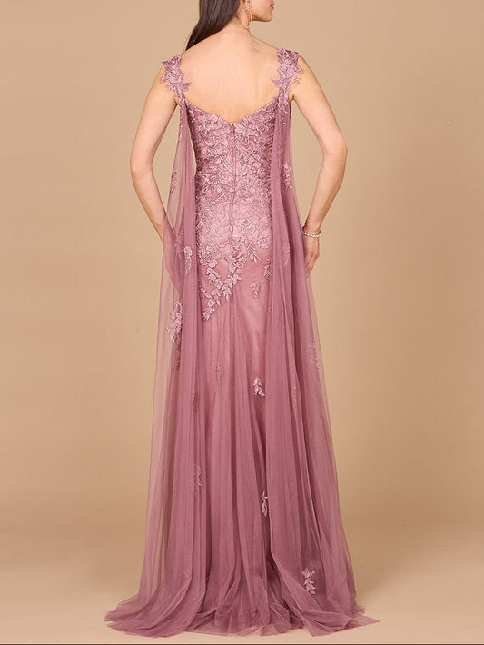 Stunning Embroidered Lace Flowing Cape Gown Sizes 2-18 - Free Shipping