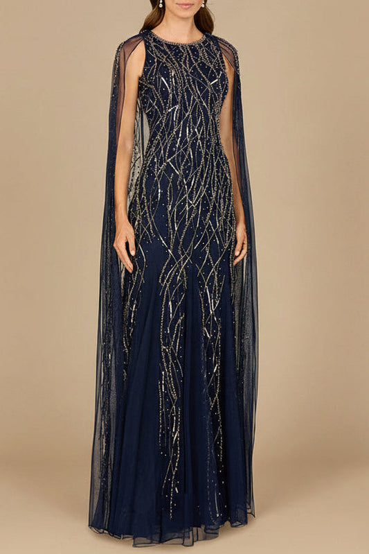 Elegant Beaded Dress with Long Cape - Free Shipping