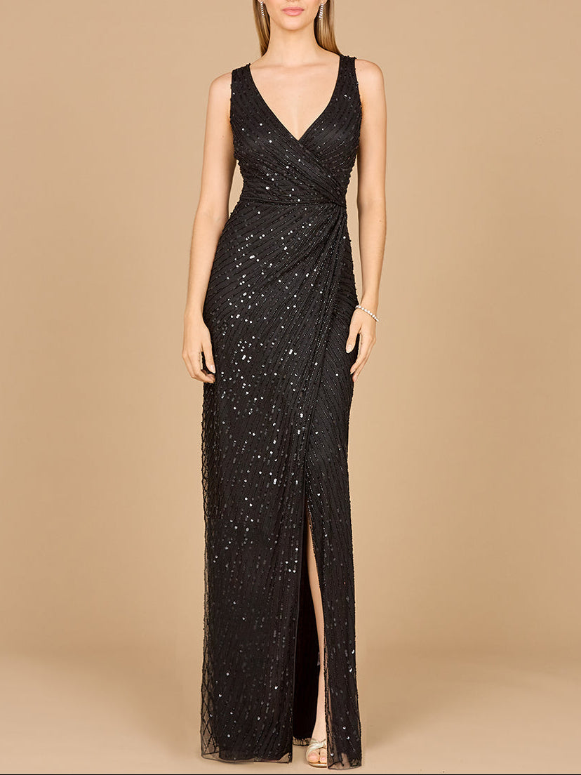 Beautiful Beaded Black Wrap Ruched Gown Sizes 0-20 - Free Shipping