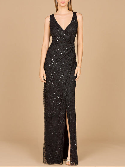 Beautiful Beaded Black Wrap Ruched Gown Sizes 0-20 - Free Shipping