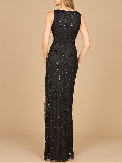 Beautiful Beaded Black Wrap Ruched Gown Sizes 0-20 - Free Shipping
