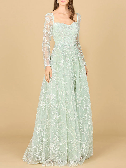 Long Sleeve Beaded Lace Gown - Free Shipping