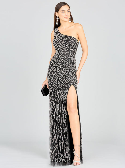 One-Shoulder Beaded Gown with High Slit - Free Shipping