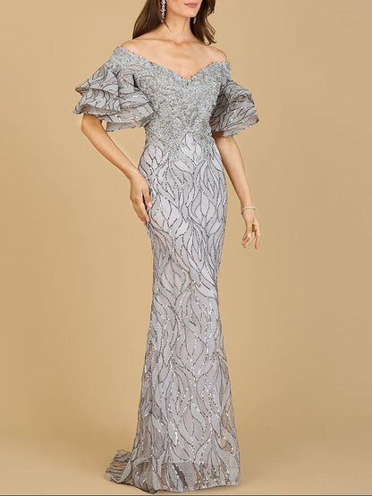 Elegant Off Shoulder Mermaid Beaded Gown with Tiered Sleeves - Free Shipping