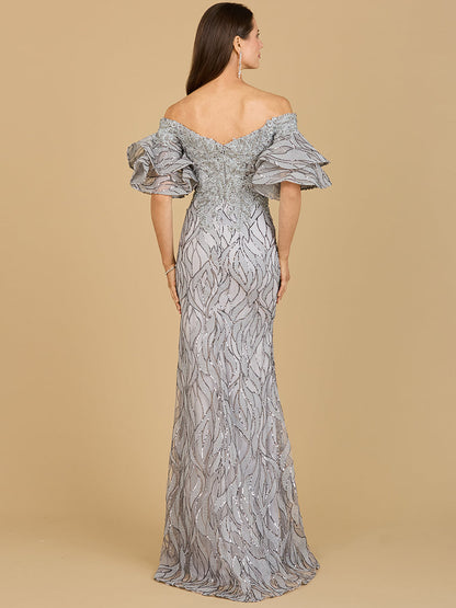 Elegant Off Shoulder Mermaid Beaded Gown with Tiered Sleeves - Free Shipping