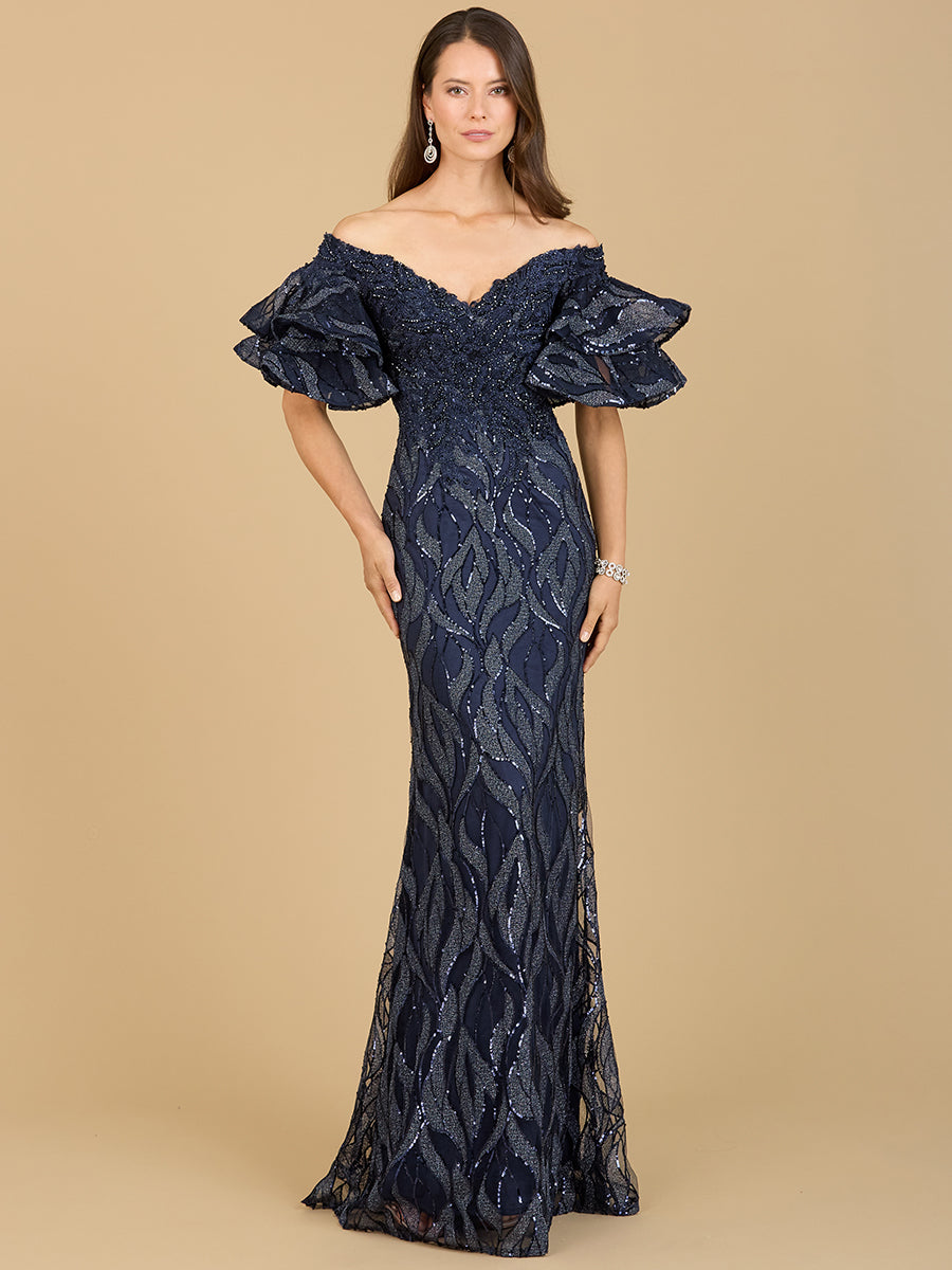 Elegant Off Shoulder Mermaid Beaded Gown with Tiered Sleeves - Free Shipping