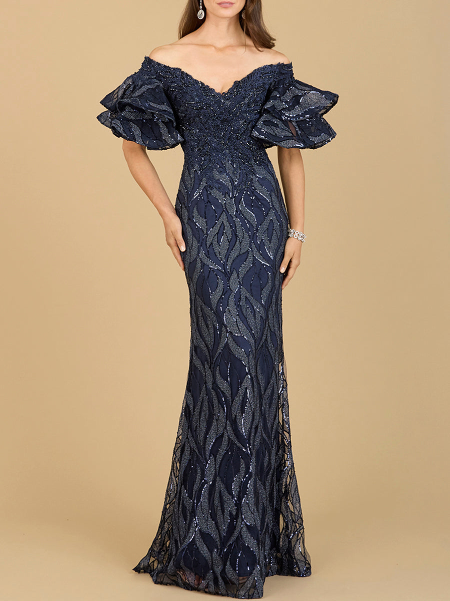 Elegant Off Shoulder Mermaid Beaded Gown with Tiered Sleeves - Free Shipping