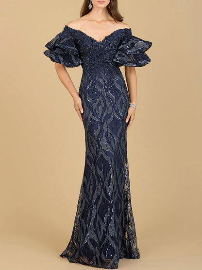 Elegant Off Shoulder Mermaid Beaded Gown with Tiered Sleeves - Free Shipping