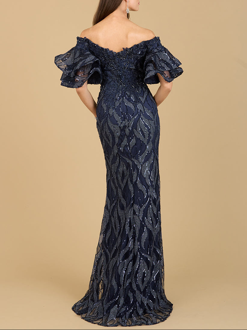 Elegant Off Shoulder Mermaid Beaded Gown with Tiered Sleeves - Free Shipping