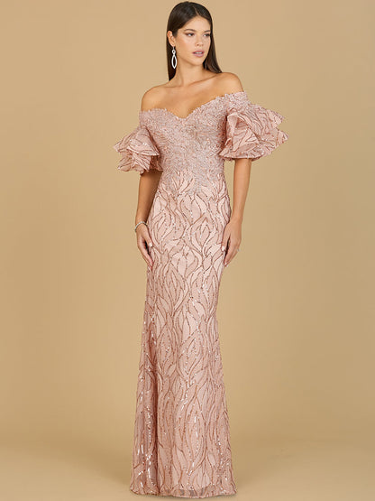 Elegant Off Shoulder Mermaid Beaded Gown with Tiered Sleeves - Free Shipping