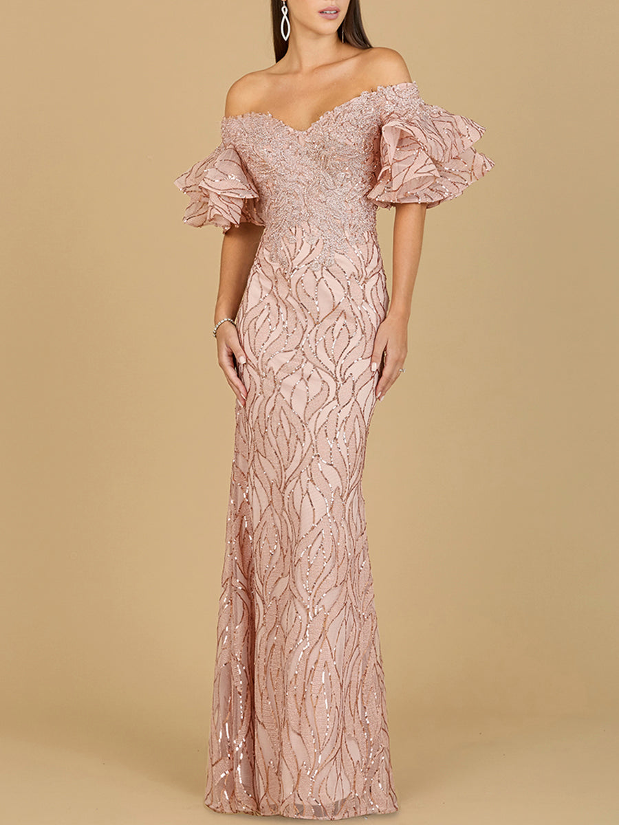 Elegant Off Shoulder Mermaid Beaded Gown with Tiered Sleeves - Free Shipping