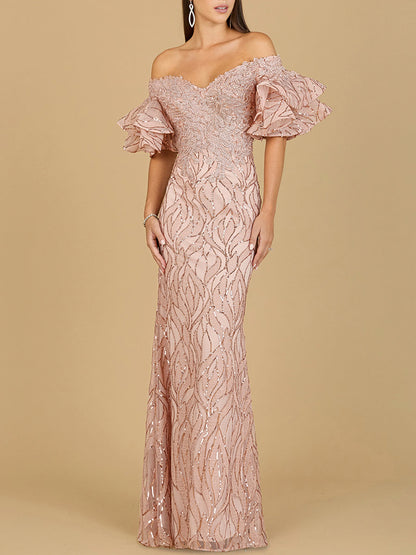 Elegant Off Shoulder Mermaid Beaded Gown with Tiered Sleeves - Free Shipping