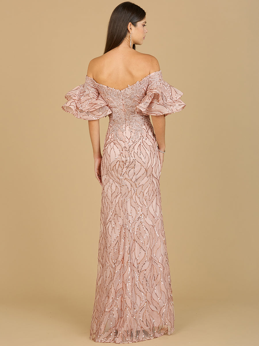 Elegant Off Shoulder Mermaid Beaded Gown with Tiered Sleeves - Free Shipping