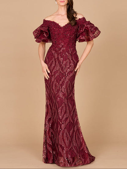 Elegant Off Shoulder Mermaid Beaded Gown with Tiered Sleeves - Free Shipping
