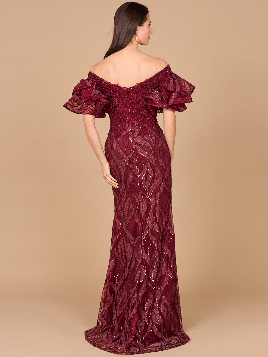 Elegant Off Shoulder Mermaid Beaded Gown with Tiered Sleeves - Free Shipping
