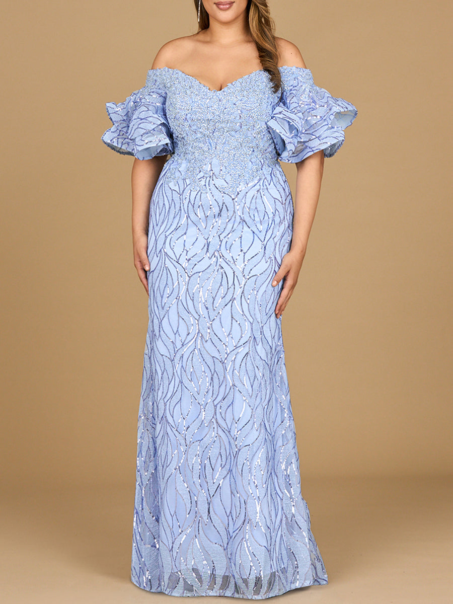 Elegant Off Shoulder Mermaid Beaded Gown with Tiered Sleeves - Free Shipping