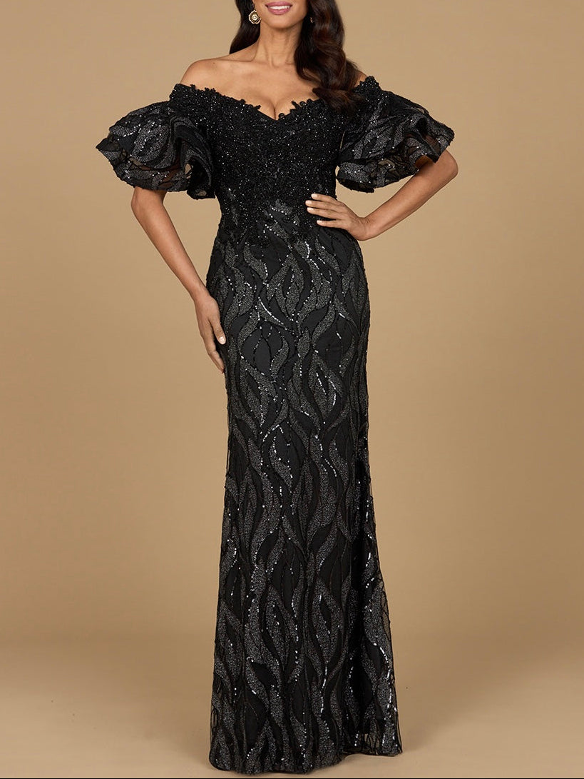 Elegant Off Shoulder Mermaid Beaded Gown with Tiered Sleeves - Free Shipping