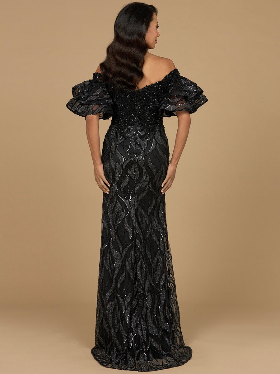 Elegant Off Shoulder Mermaid Beaded Gown with Tiered Sleeves - Free Shipping