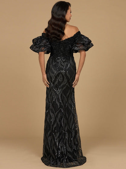 Elegant Off Shoulder Mermaid Beaded Gown with Tiered Sleeves - Free Shipping
