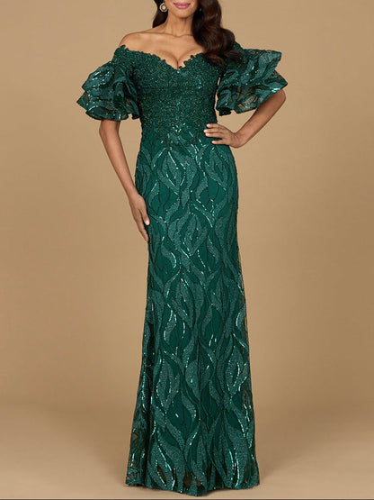 Elegant Off Shoulder Mermaid Beaded Gown with Tiered Sleeves - Free Shipping