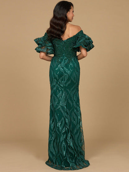 Elegant Off Shoulder Mermaid Beaded Gown with Tiered Sleeves - Free Shipping