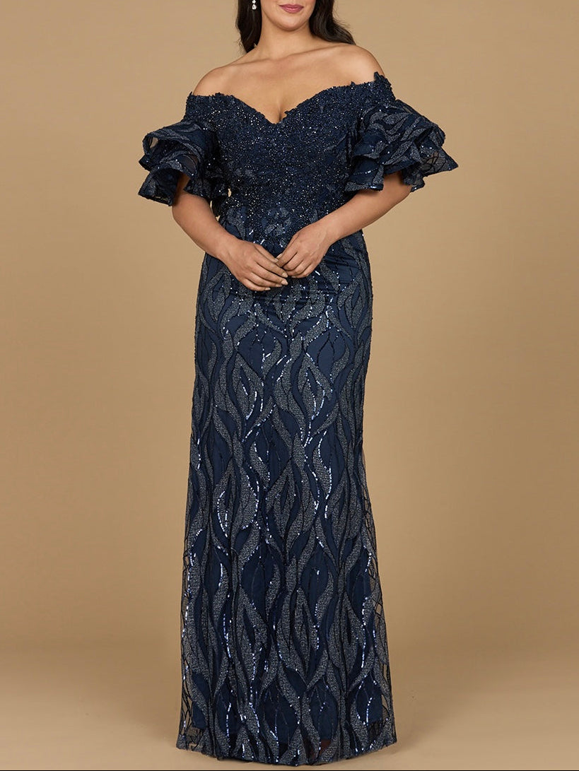 Elegant Off Shoulder Mermaid Beaded Gown with Tiered Sleeves - Free Shipping