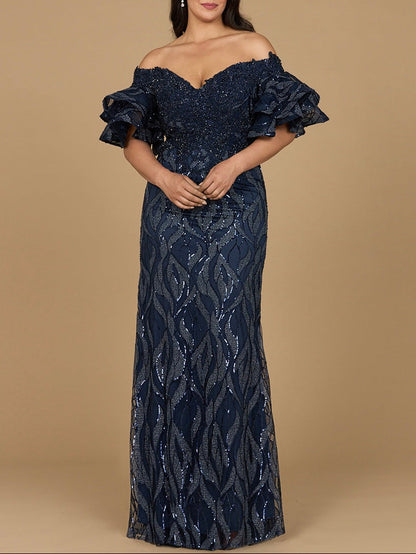 Elegant Off Shoulder Mermaid Beaded Gown with Tiered Sleeves - Free Shipping