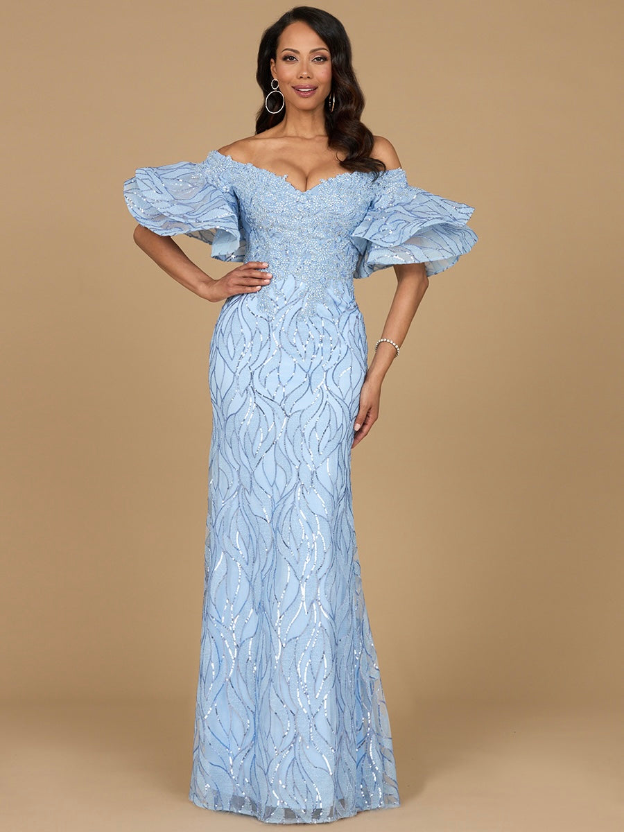 Elegant Off Shoulder Mermaid Beaded Gown with Tiered Sleeves - Free Shipping