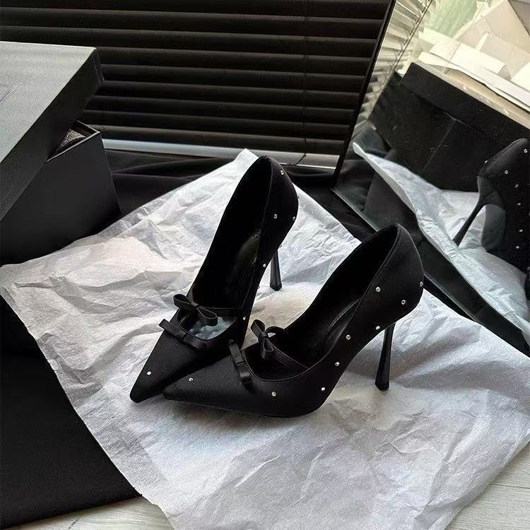 Rhinestone Bow Pointed Toe Satin Stiletto High Heels - Free Shipping